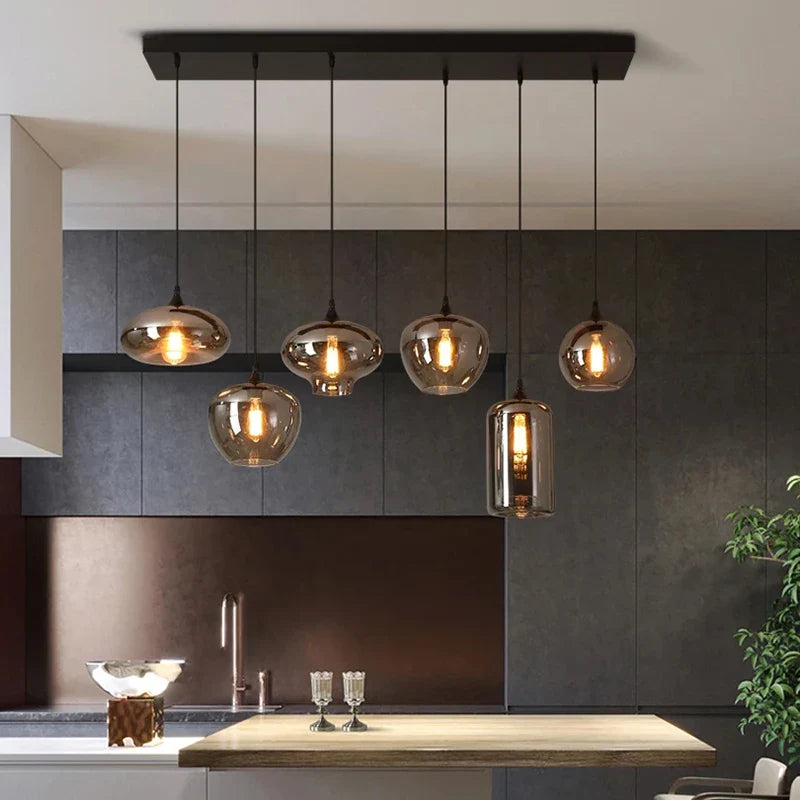 Smoky Grey Led Pendant Lights - Nordic Glass Chandelier For Dining Living Room Kitchen And Bar