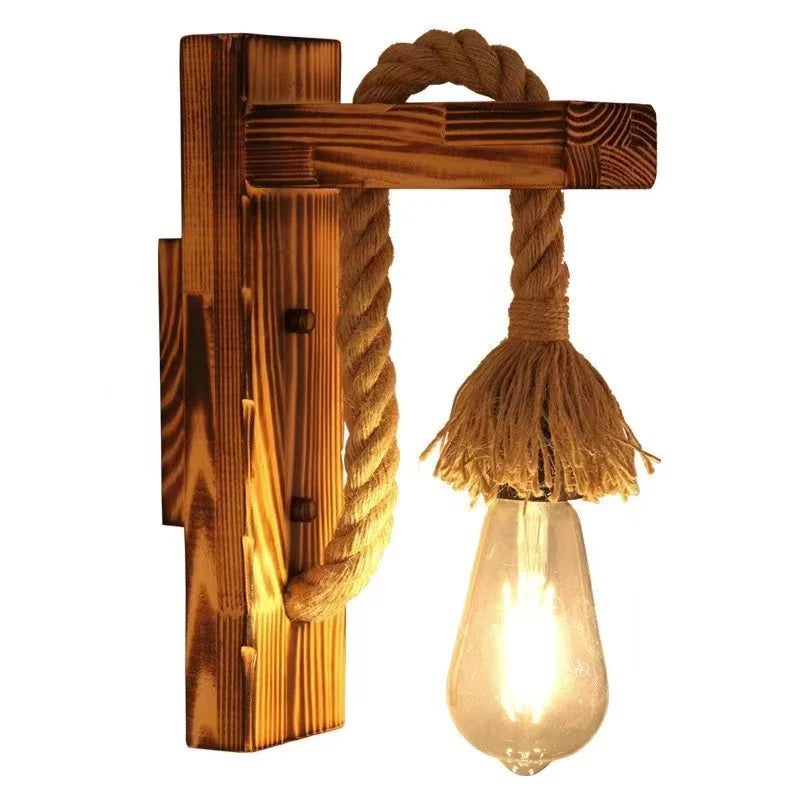 Retro Vintage Hemp Rope Wall Light - Wooden Lamp Ideal For Restaurants Kitchens Coffee Shops And