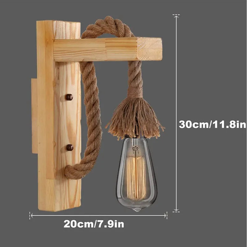 Retro Vintage Hemp Rope Wall Light - Wooden Lamp Ideal For Restaurants Kitchens Coffee Shops And