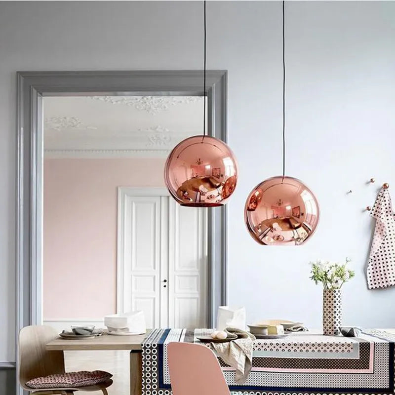 Vintage Loft Pendant Lights With Plated Copper Gold And Silver Accents - Glass Ball Hanging Lamp