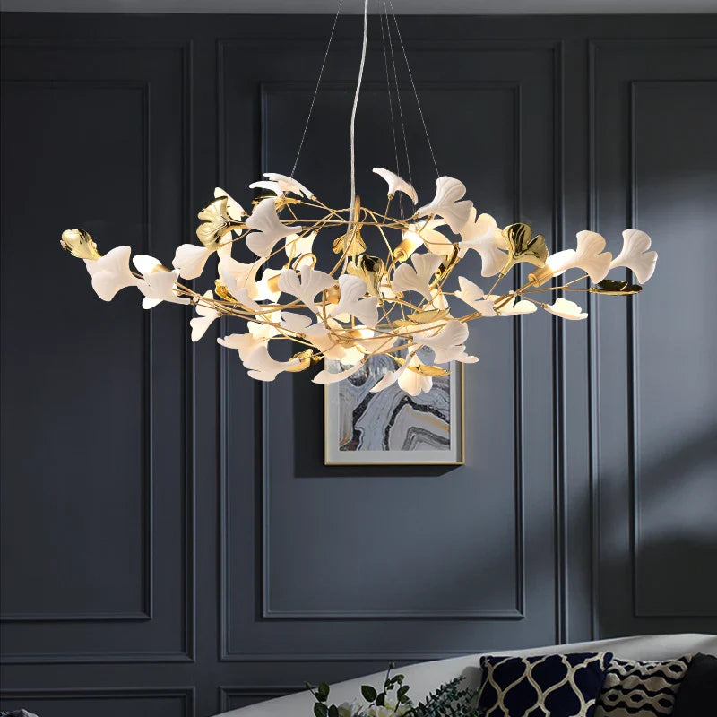 New Gold Chandelier White Ceramic Leaf Lamp Indoor Home Living Room Decorative French Luxury