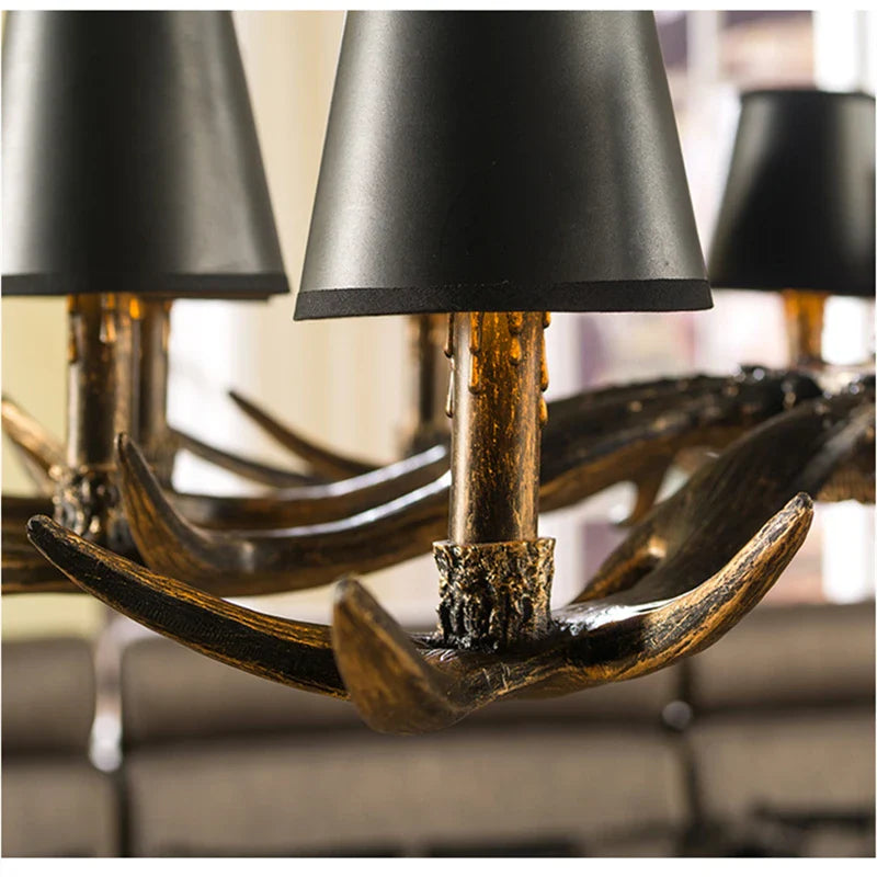 American Industrial Antler Chandelier With Vintage Black Lampshade - Perfect For Dining Rooms