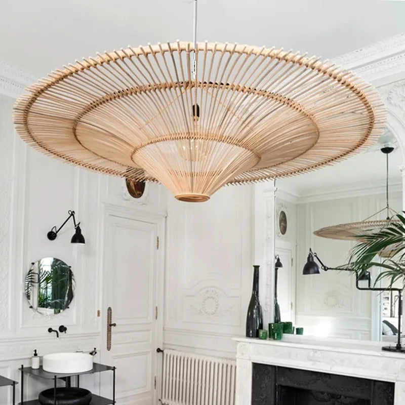 Wabi Sabi Japanese Rattan Pendant Light - Handmade Straw Hat Chandelier For Unique Decor Lights