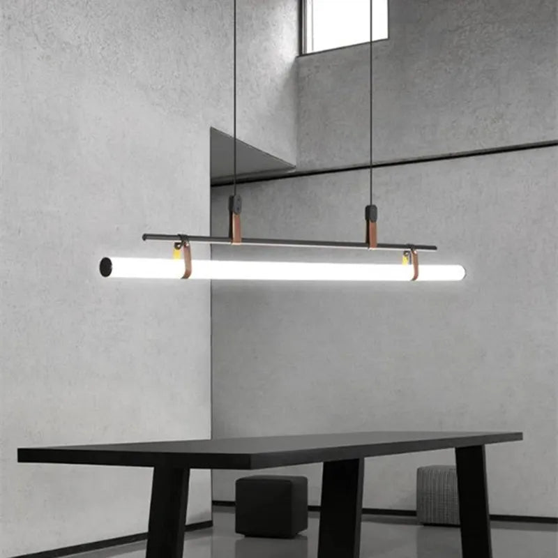 Eden Chandelier - Modern Long Tube Pendant Lamp In Black And Gold With Leather Accents For Kitchen