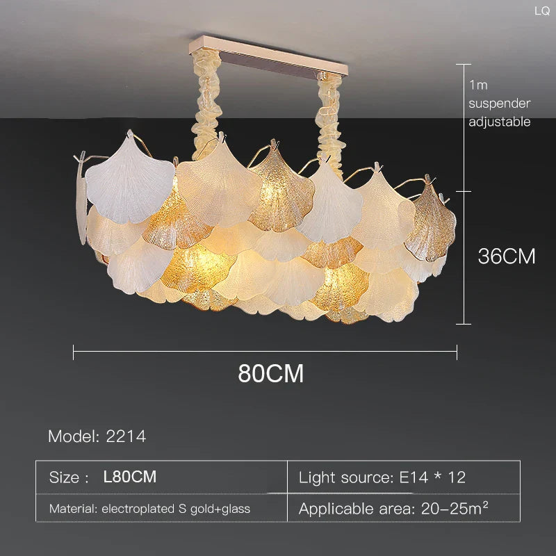 Modern Led Ginkgo Leaves Ceiling Chandelier - Elegant French Glass Lustre Decor Light Pendant Lights