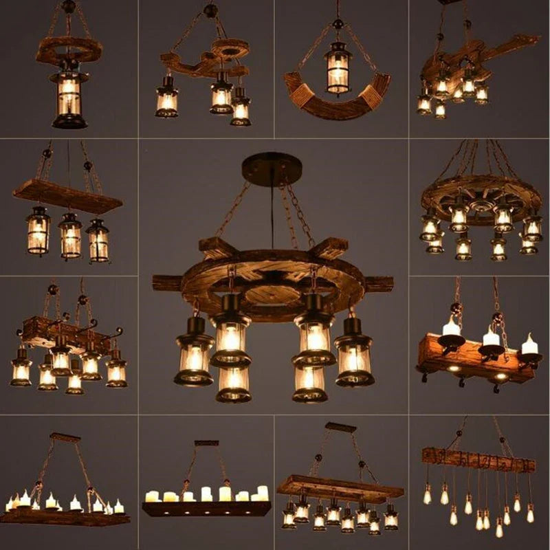 Antique Industrial Retro Wood E27 Led Ceiling Chandelier - Creative Vintage Pendant Lighting For