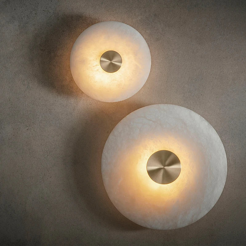 Art Deco Round Led Wall Sconce - Natural Marble And Brass Elegance For Parlor Aisle Corridor