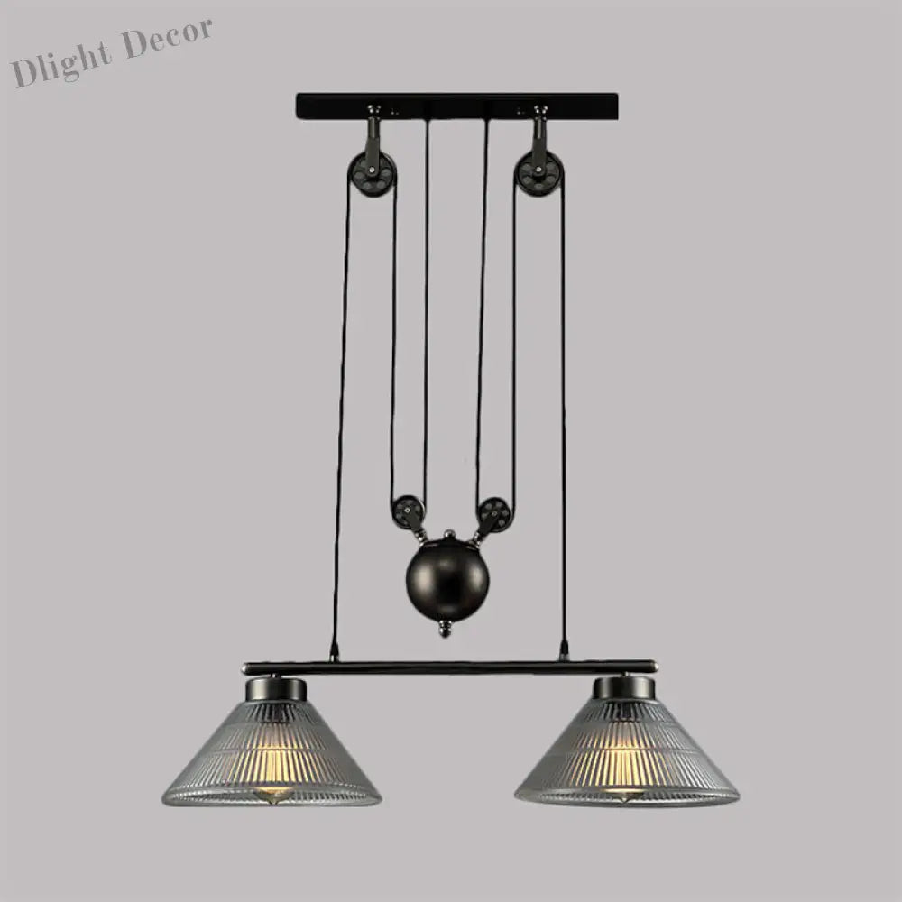 Adjustable Pulley Industrial Cone Pendant With Prismatic Glass - Black 2/3 - Light Island Lamp