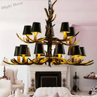 American Industrial Antler Chandelier With Vintage Black Lampshade - Perfect For Dining Rooms