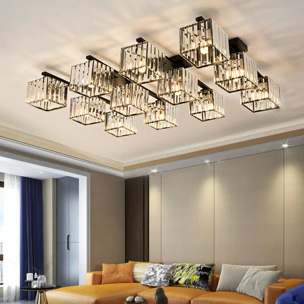 Anya’s Modern Crystal Chandelier - Square Design 12 / Black Ceiling Light