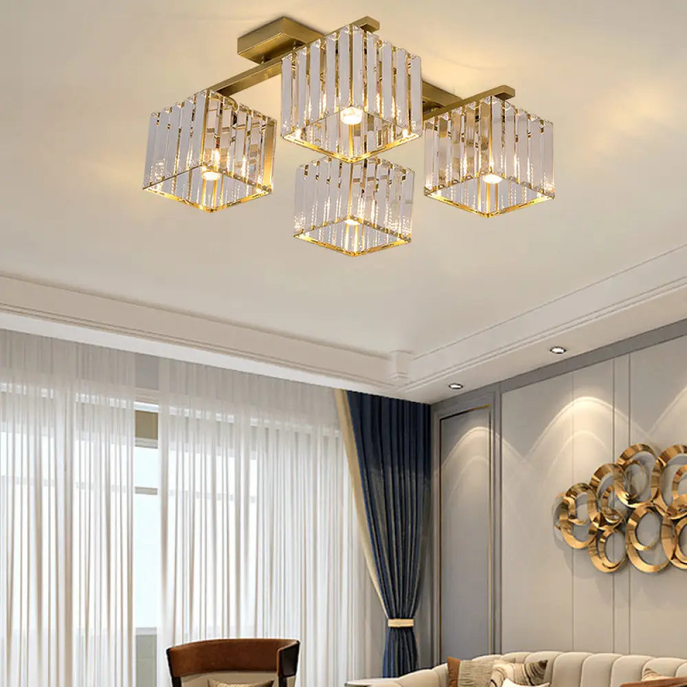 Anya’s Modern Crystal Chandelier - Square Design 4 / Gold Ceiling Light