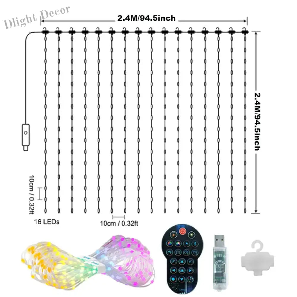 APP Controlled 16 Million Colors RGB LED Curtain Lights Holiday Party Decoration 2.4x2.4m-256LED holiday lighting