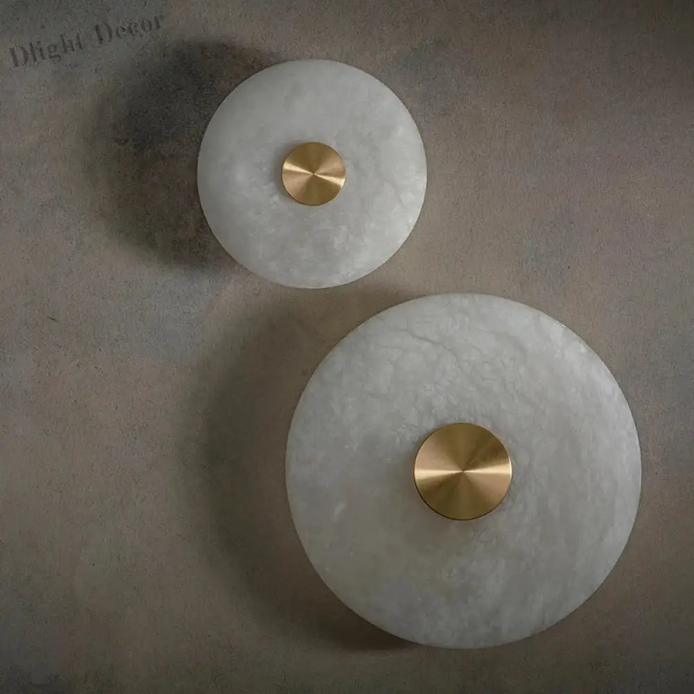 Art Deco Round Led Wall Sconce - Natural Marble And Brass Elegance For Parlor Aisle Corridor