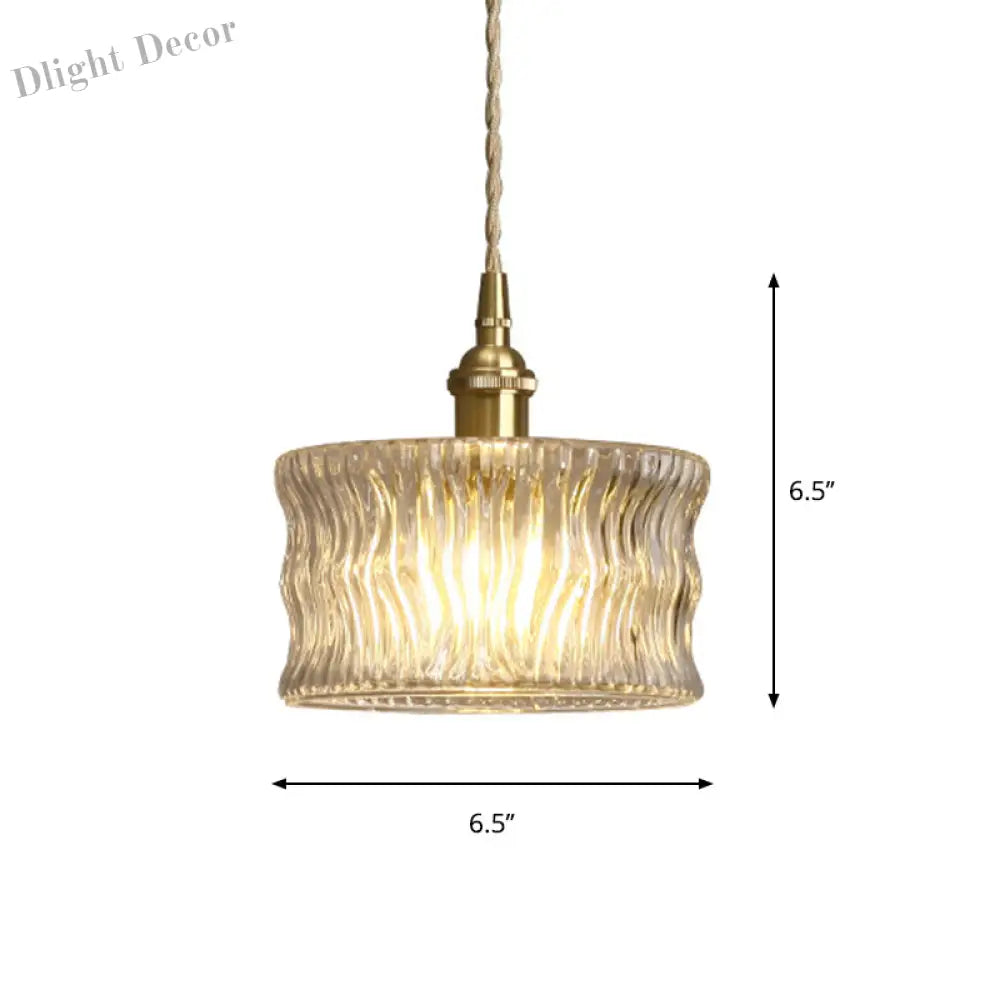 Aurora Gold Cylindrical Ribbed Glass Pendant Lamp - Elegant Clear Ceiling Light For Sitting Rooms