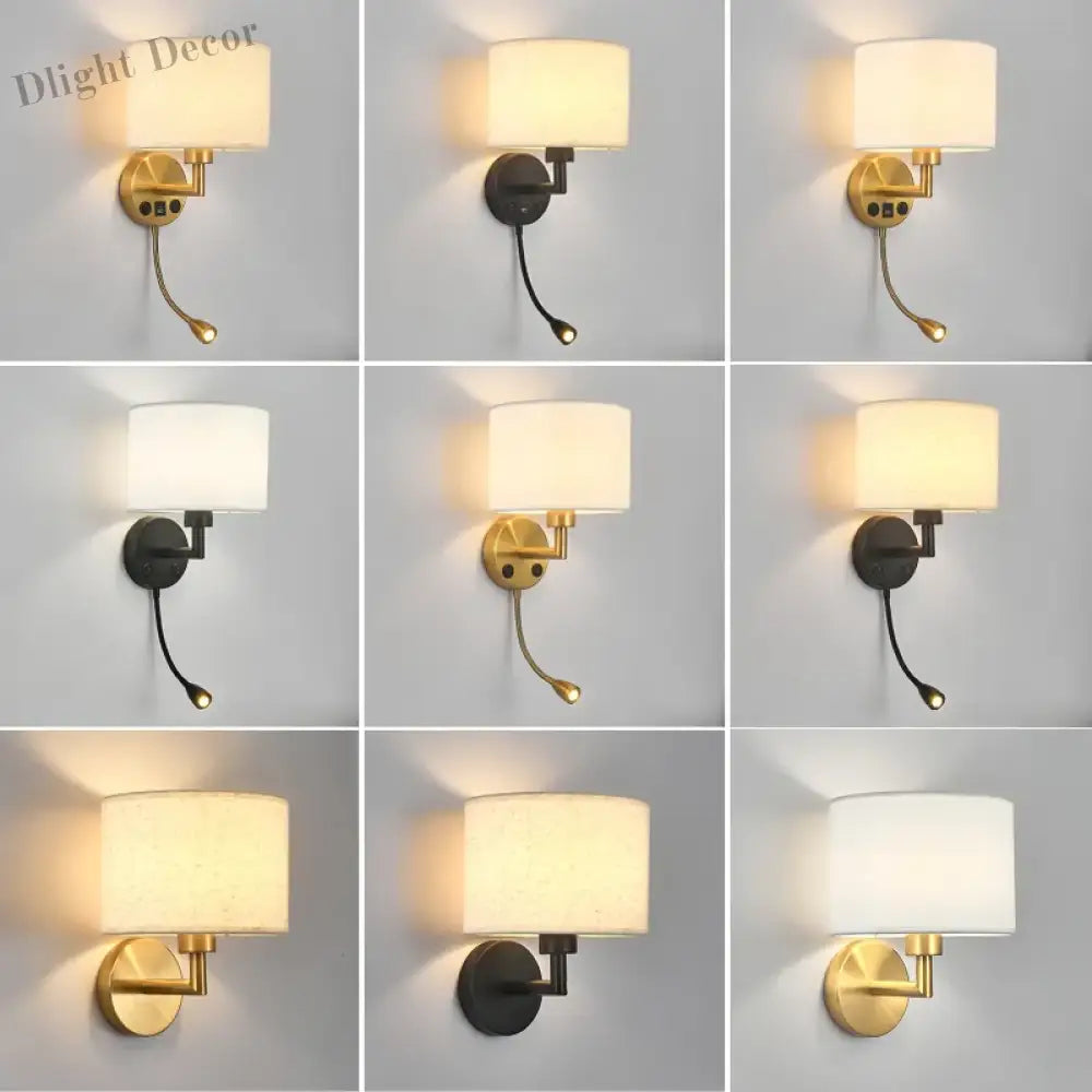 Bedside Wall Lamp With Rotating Spotlight - Modern Fabric Lampshade Reading Sconce For Bedroom Home