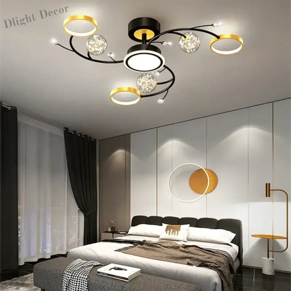 Black Ceiling Chandeliers - Modern Living Room And Hall Light Fixture With Romantic Starry Gold