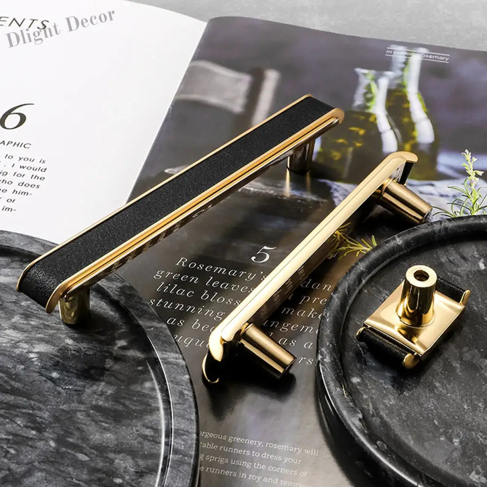Black Leather and Gold Zinc Alloy Cabinet Handle – Luxury Drawer Pull for Wardrobes and Dressers (128mm) Handles