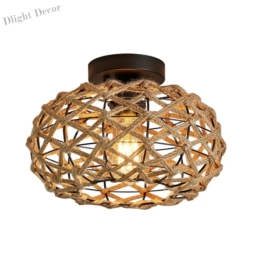 Boho Hemp Rope Cage Semi Flush Mount Ceiling Light - Rustic Elegance For Bedrooms And Beyond