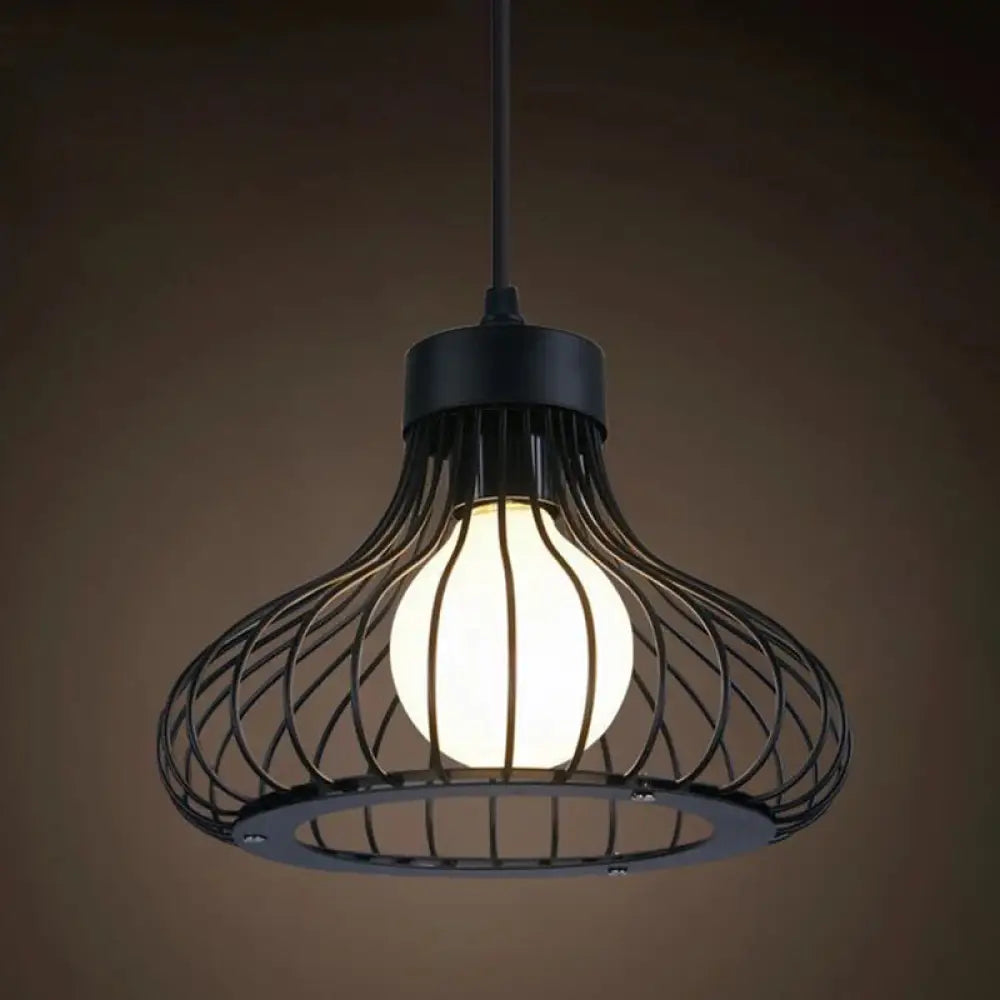 Catherine - Adjustable Industrial Pendant Light With Metal Cage (Various Shapes) Black / Bell