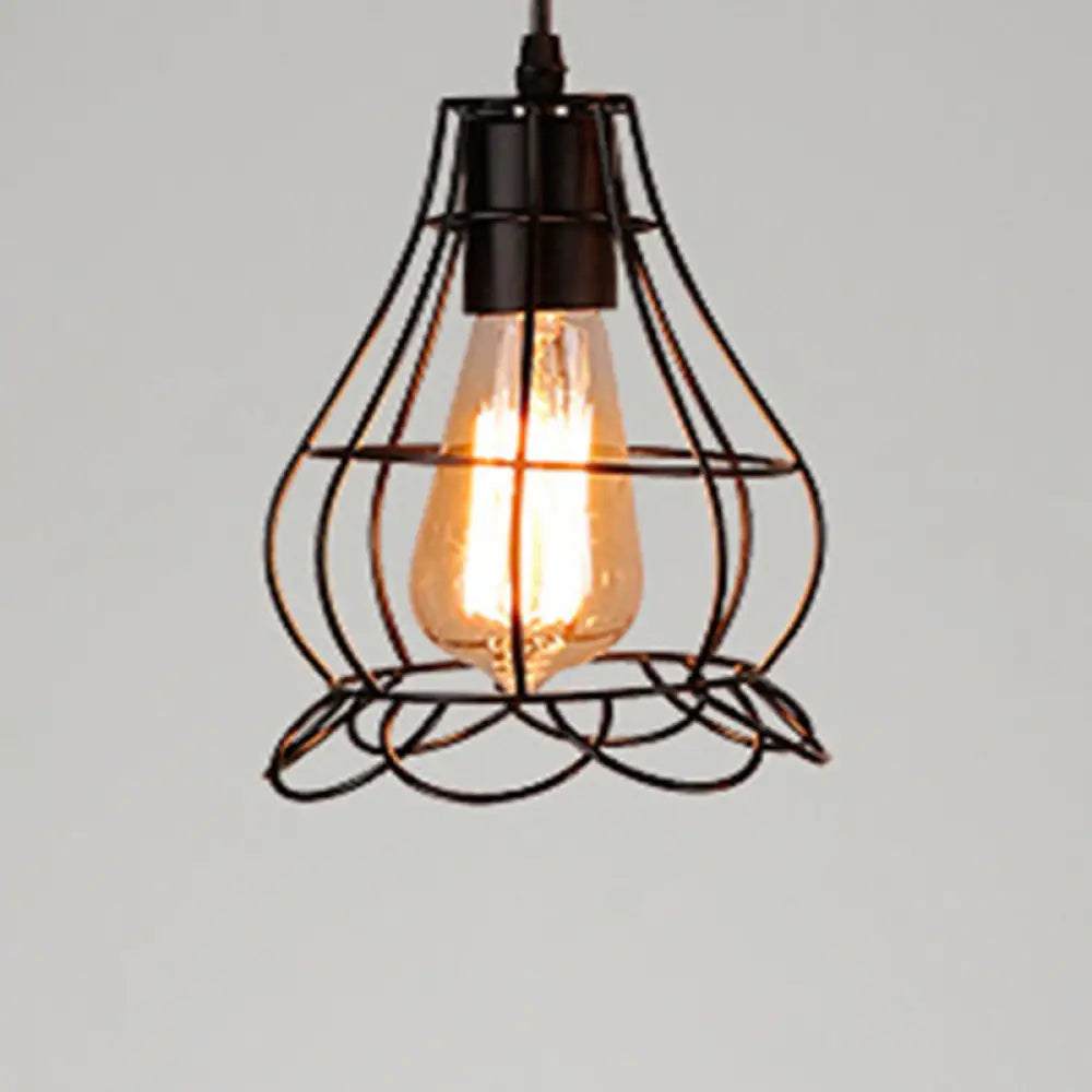 Catherine - Adjustable Industrial Pendant Light With Metal Cage (Various Shapes) Black / Flower