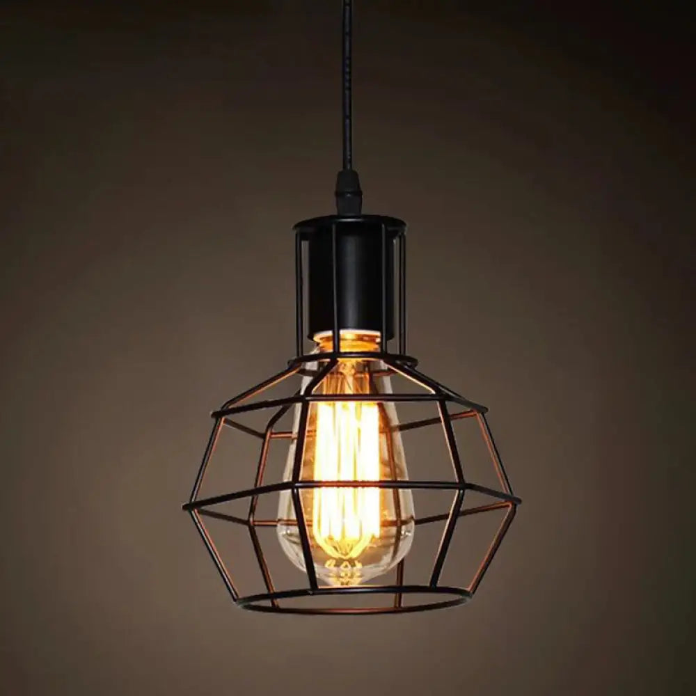 Catherine - Adjustable Industrial Pendant Light With Metal Cage (Various Shapes) Black / Frame