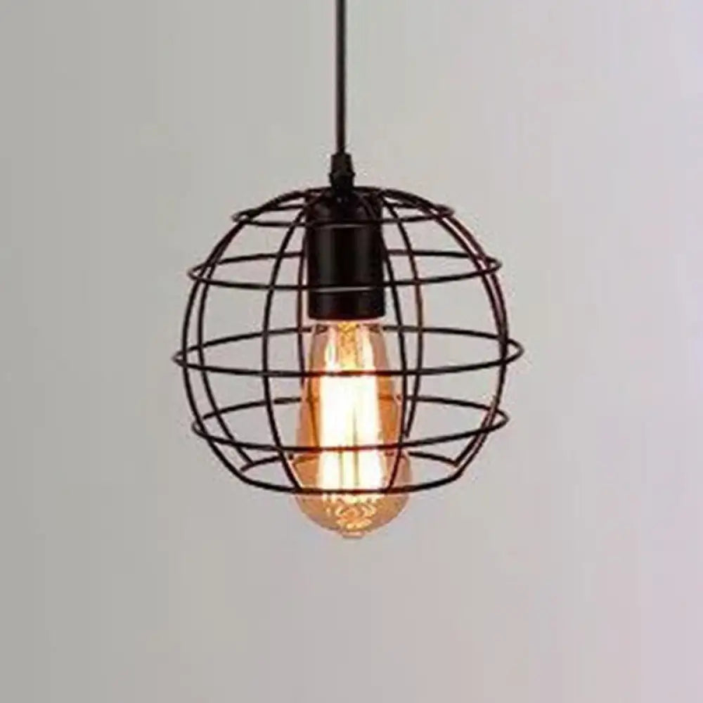 Catherine - Adjustable Industrial Pendant Light With Metal Cage (Various Shapes) Black / Globe