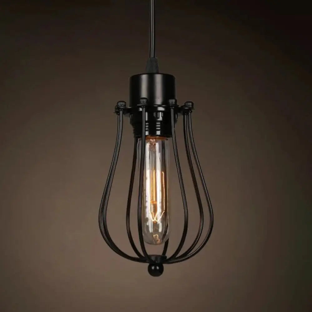 Catherine - Adjustable Industrial Pendant Light With Metal Cage (Various Shapes) Black / Gourd