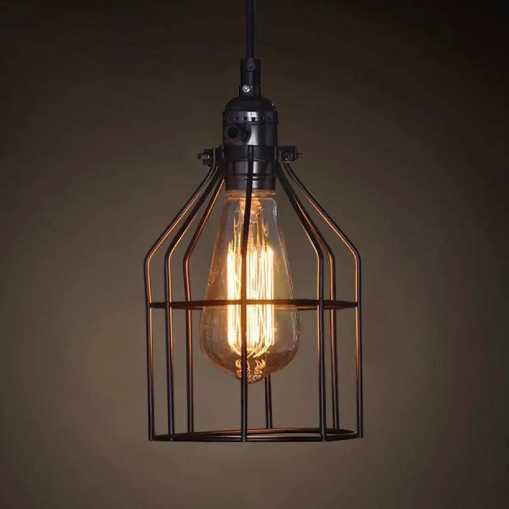 Catherine - Adjustable Industrial Pendant Light With Metal Cage (Various Shapes) Black / House