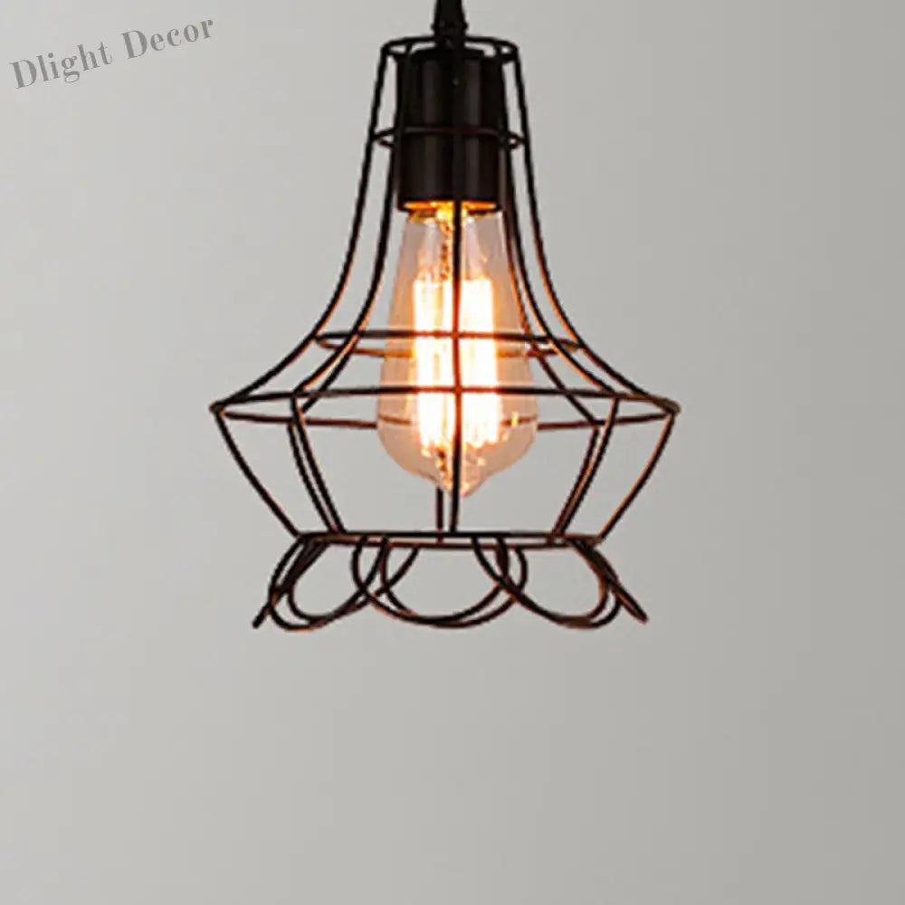 Catherine - Adjustable Industrial Pendant Light With Metal Cage (Various Shapes) Black / Lace
