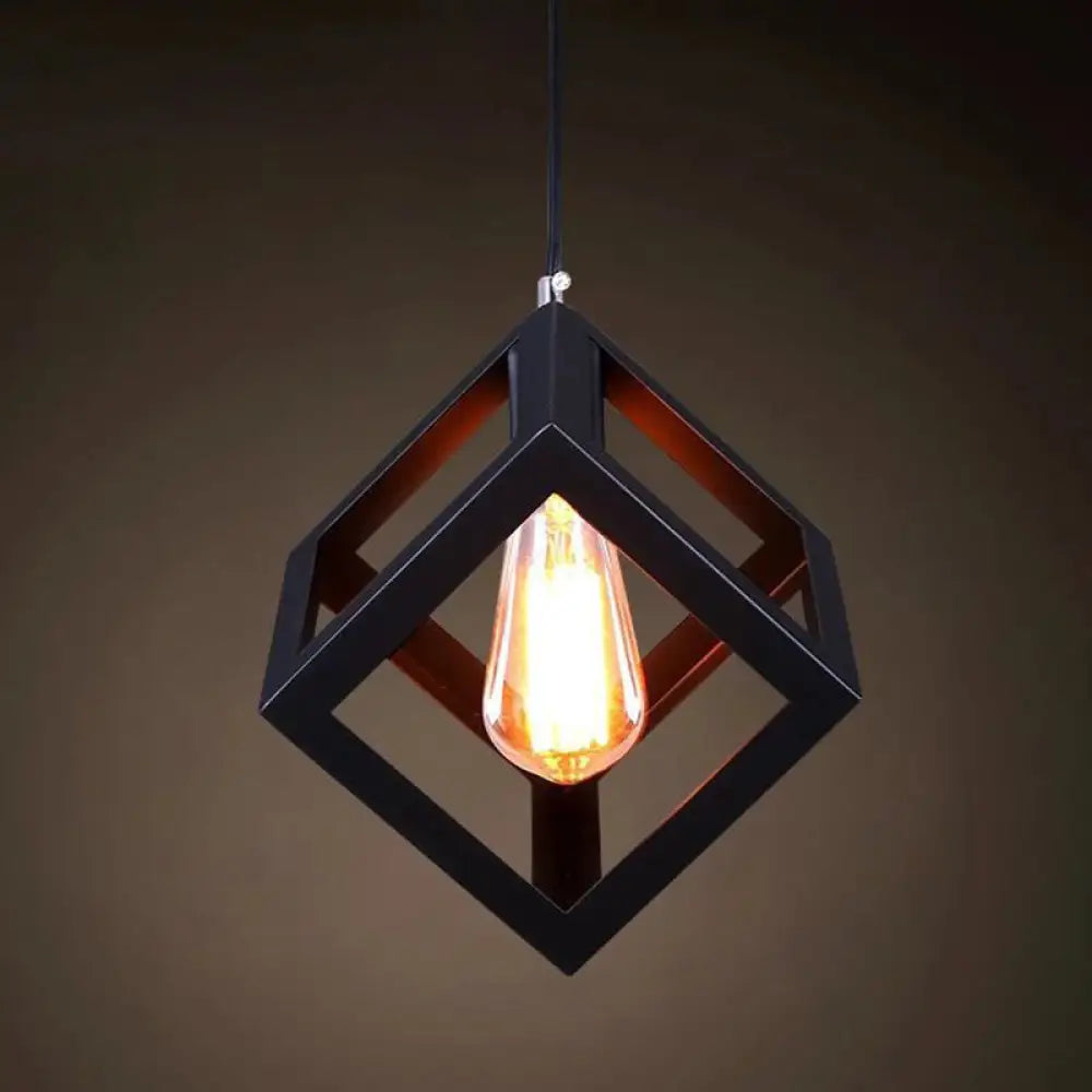 Catherine - Adjustable Industrial Pendant Light With Metal Cage (Various Shapes) Black / Square