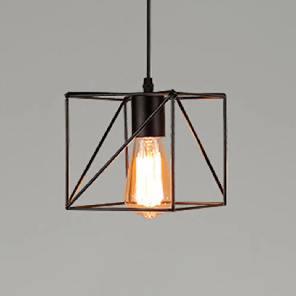 Catherine - Adjustable Industrial Pendant Light With Metal Cage (Various Shapes) Black / Square