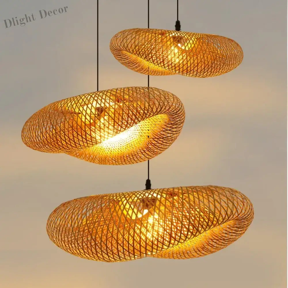 Chinese Handmade Bamboo Pendant Lights - Wicker Rattan Wave Shade Lamps For Restaurant Aisle Tea