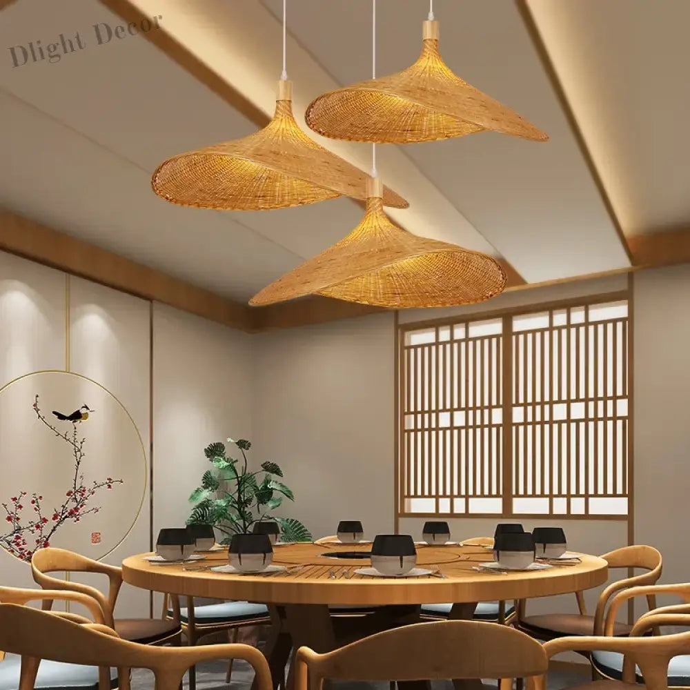 Classic Straw Hat Handmade Bamboo Pendant Lamp - Retro Rattan Led Chandelier For Home Decoration In