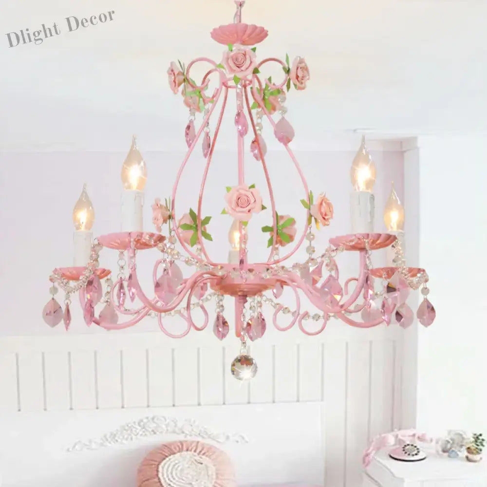 Contemporary Pink Ceiling Chandelier - E14 Led Lighting With Crystal Iron And Ceramic Accents