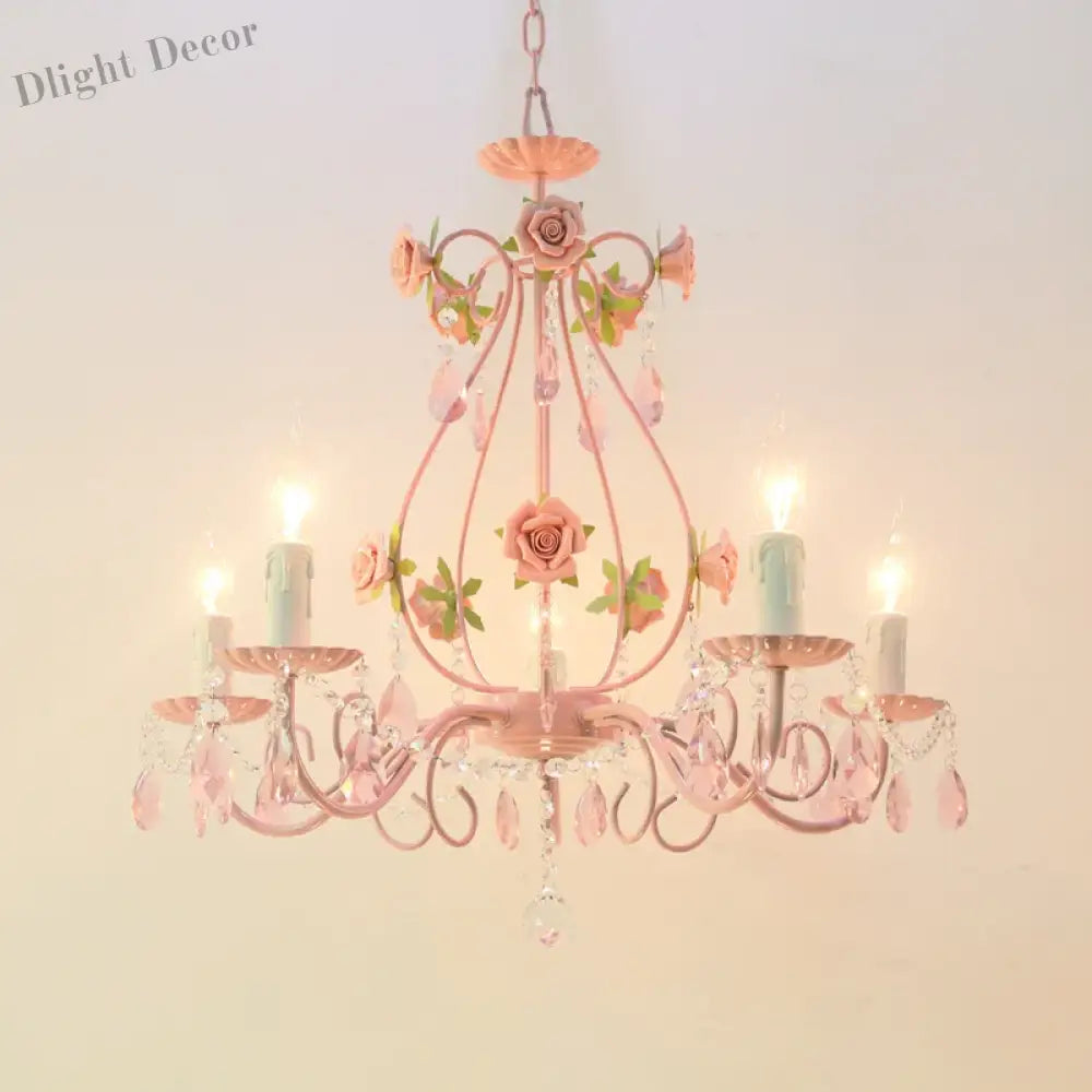 Contemporary Pink Ceiling Chandelier - E14 Led Lighting With Crystal Iron And Ceramic Accents