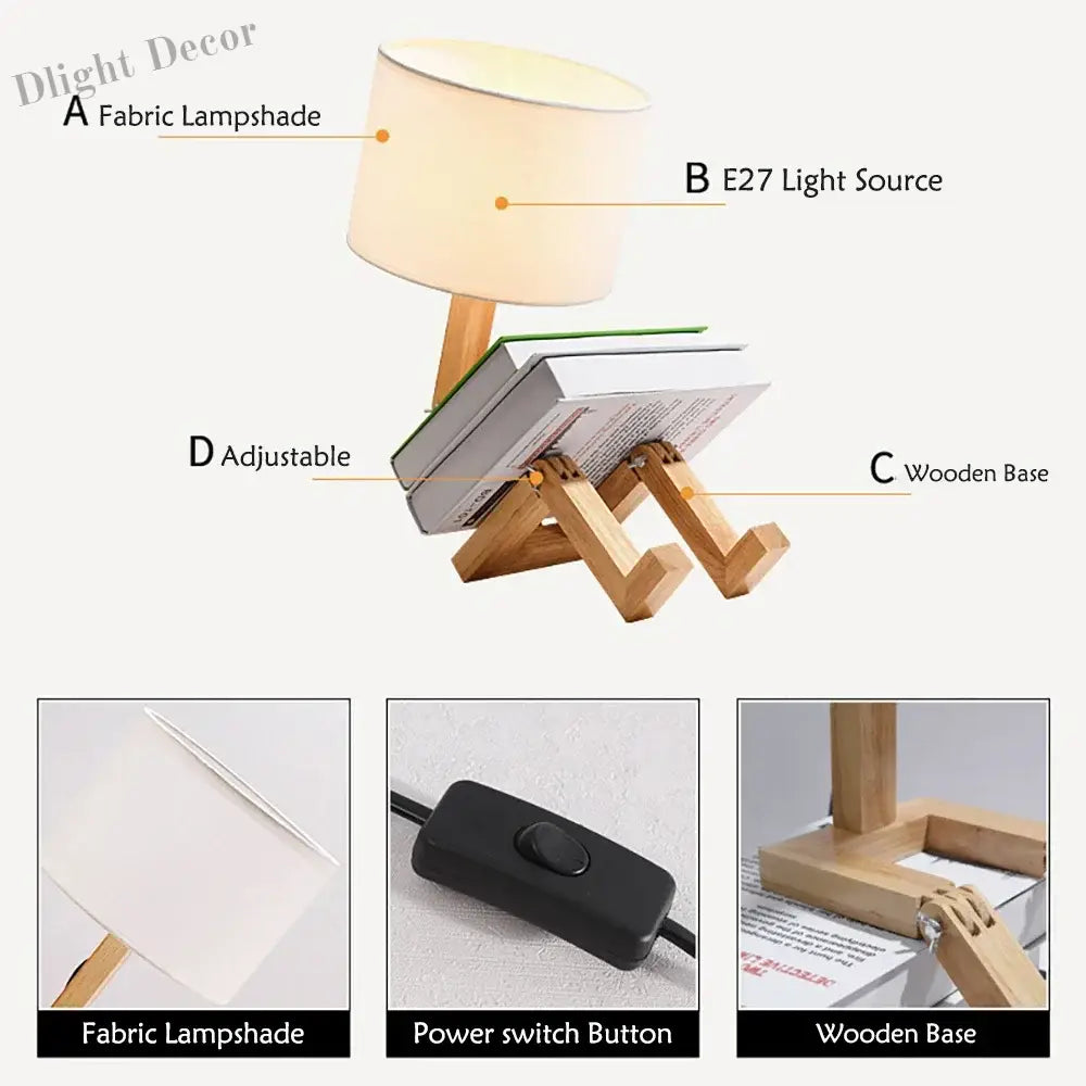 Creative Wooden Robot Led Table Lamp - Nordic Art Decor For Reading Bedroom And Home