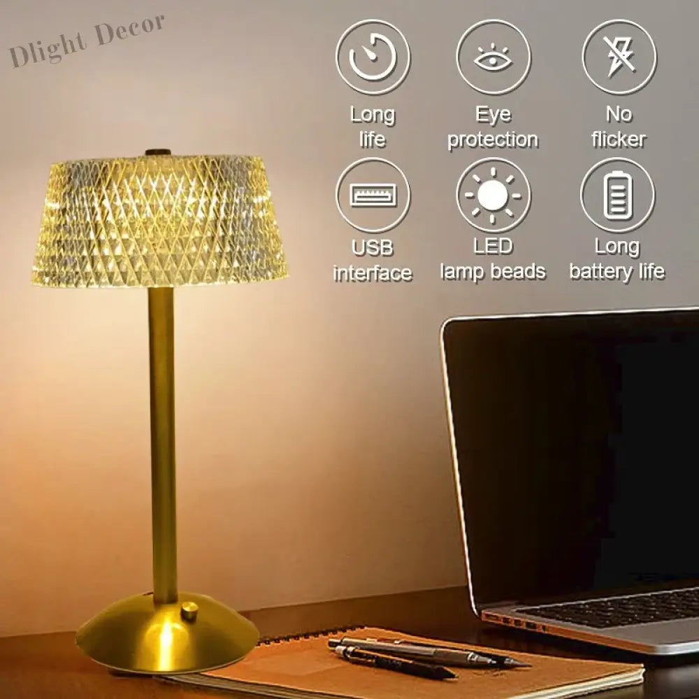 Crystal Diamond Table Lamp - Retro Led Bar Desk With Usb Rechargeable Eye Protection Night Light