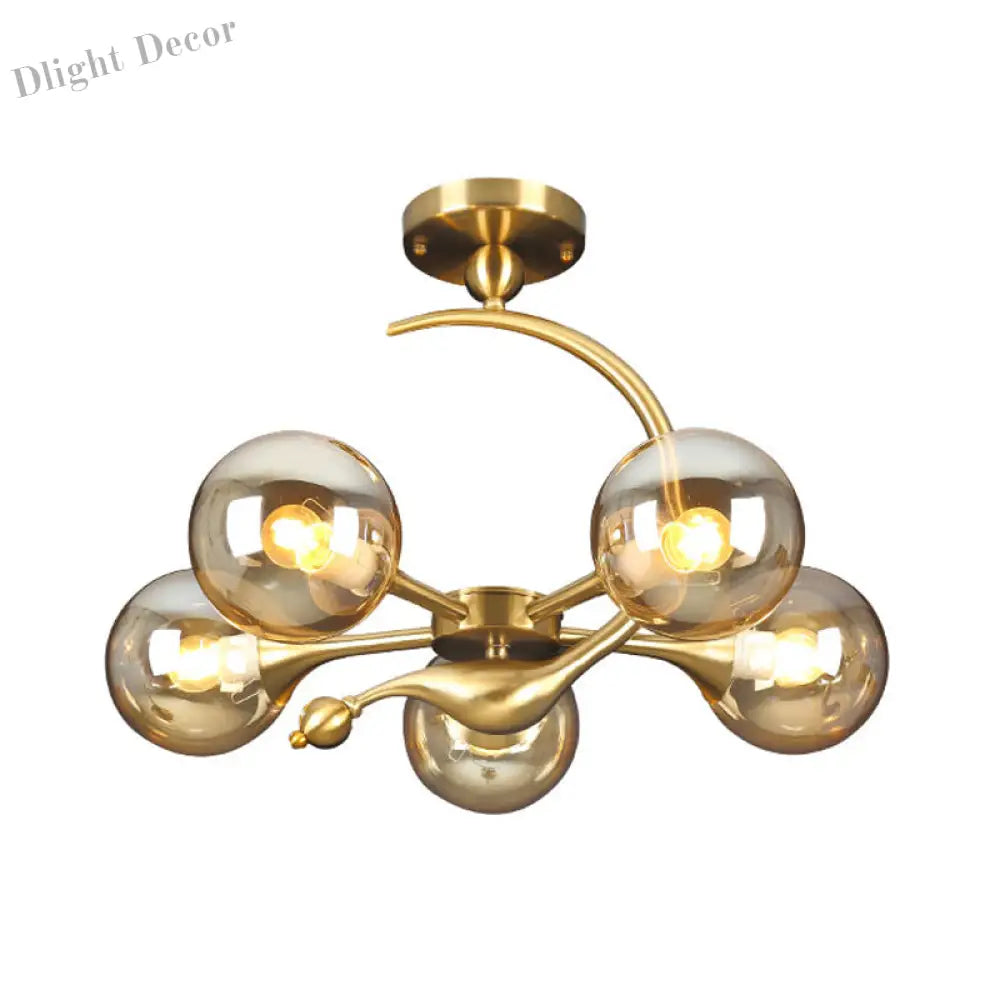 Daphne’s Mid - Century Charm: Amber Glass Orb Semi - Flush Chandelier Ceiling Light