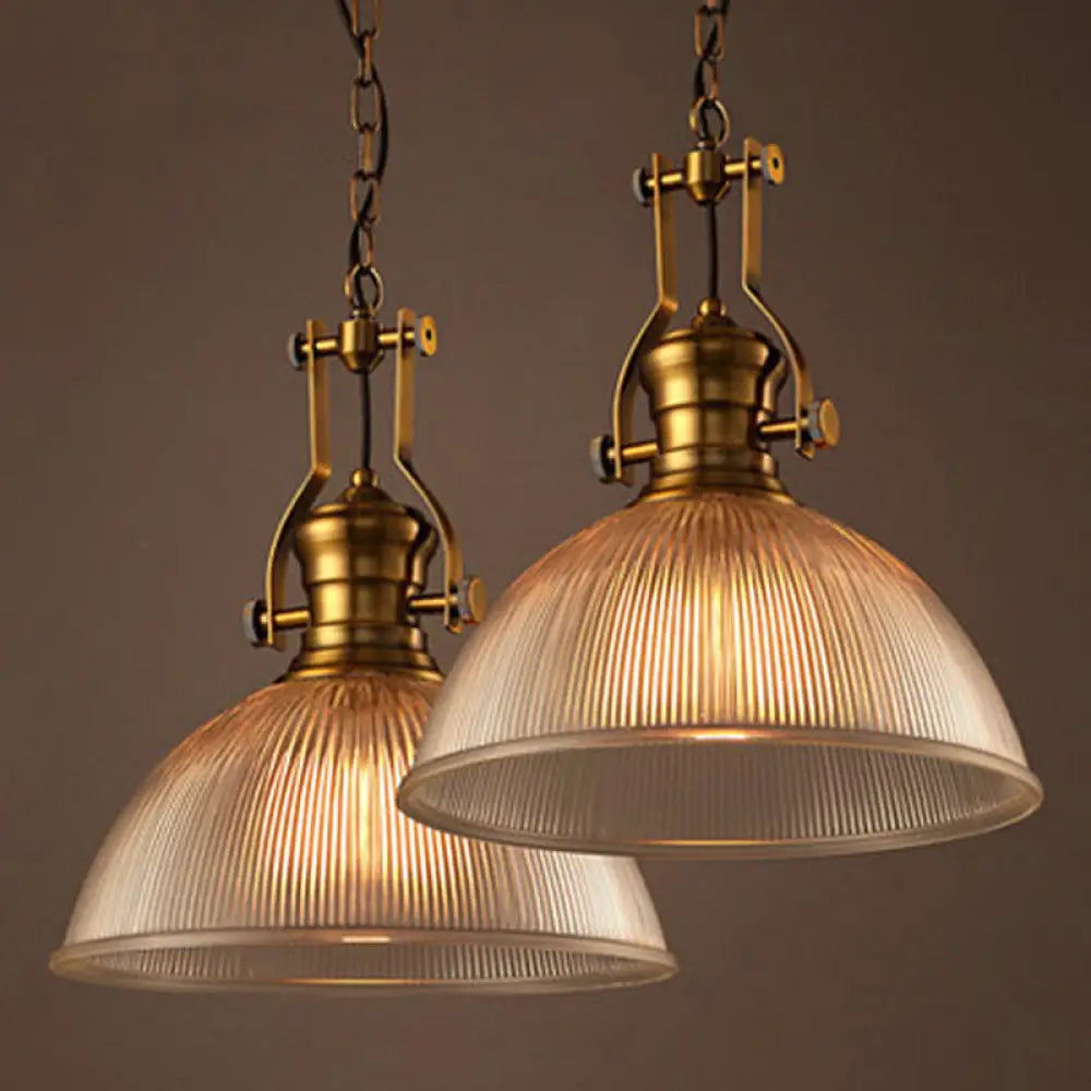 Edison’s Industrial Embrace: Brass Bowl Pendant Lamp With Ribbed Glass / 12’