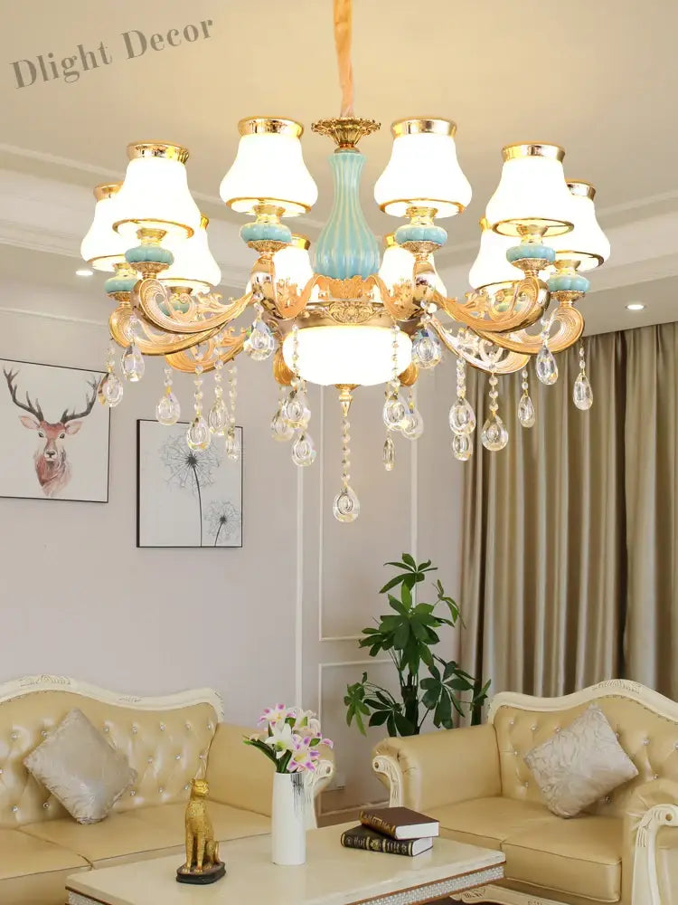 Elegant Blue Ceramic European Crystal Chandelier - Perfect For Living Rooms Dining And Bedrooms