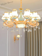 Elegant Blue Ceramic European Crystal Chandelier - Perfect For Living Rooms Dining And Bedrooms