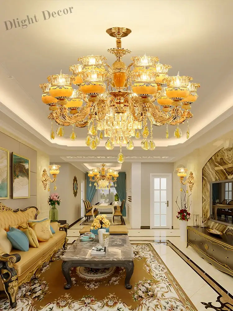 Elegant European Style Crystal Chandelier - A Luxurious Jade - Inspired Main Lamp For Living Rooms