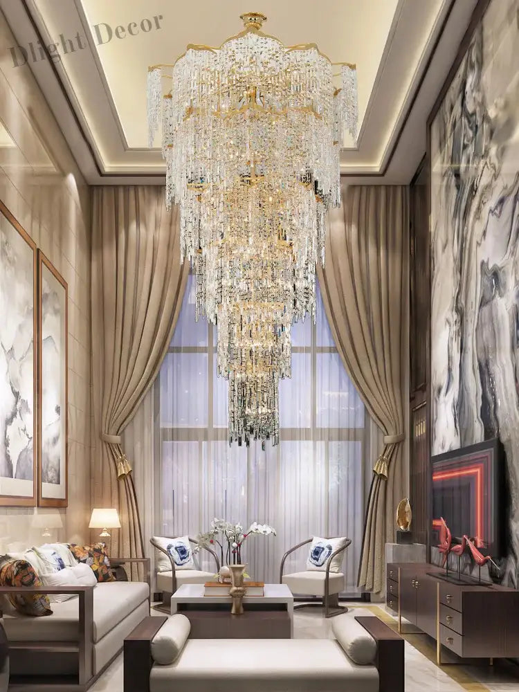 Elegant Golden Art Staircase Grand Chandelier - Luxury Crystal Illumination For Villa Halls With