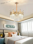 Elegant Modern Minimalist Crown K9 Crystal Chandelier - A Round Golden Fixture For Living Rooms And