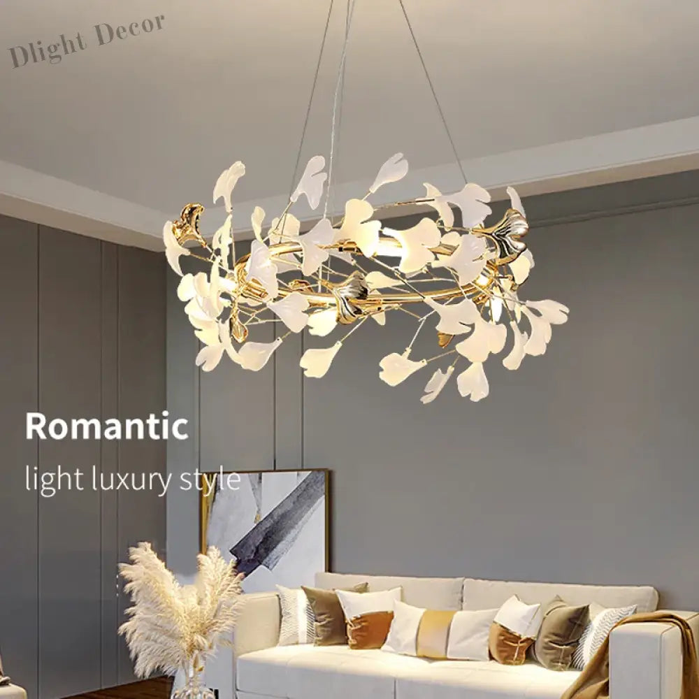 Elegant Nordic Apricot Leaf Chandelier - Wrought Iron Petals Indoor Led Lighting For Living Dining