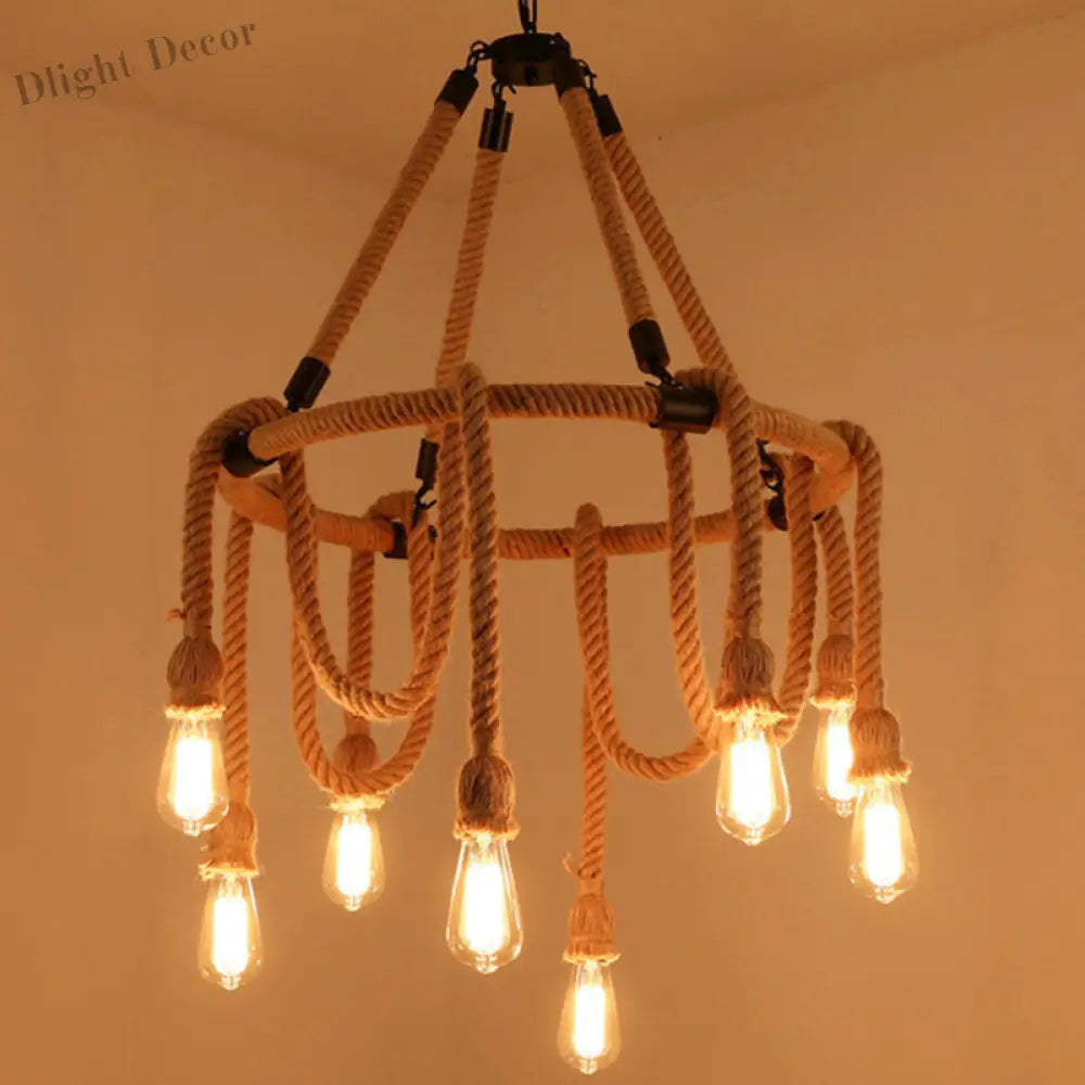 Embrace Exposed Bulb Elegance: The Antiqued Beige Hemp Rope Chandelier Pendant Lighting