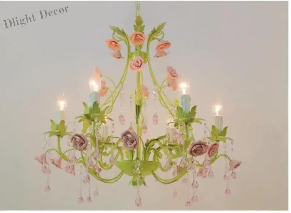 European Rose Flower Chandelier - Green Lustre Light In 6L/8L/12L Sizes E14 Decoration Fixture Pink