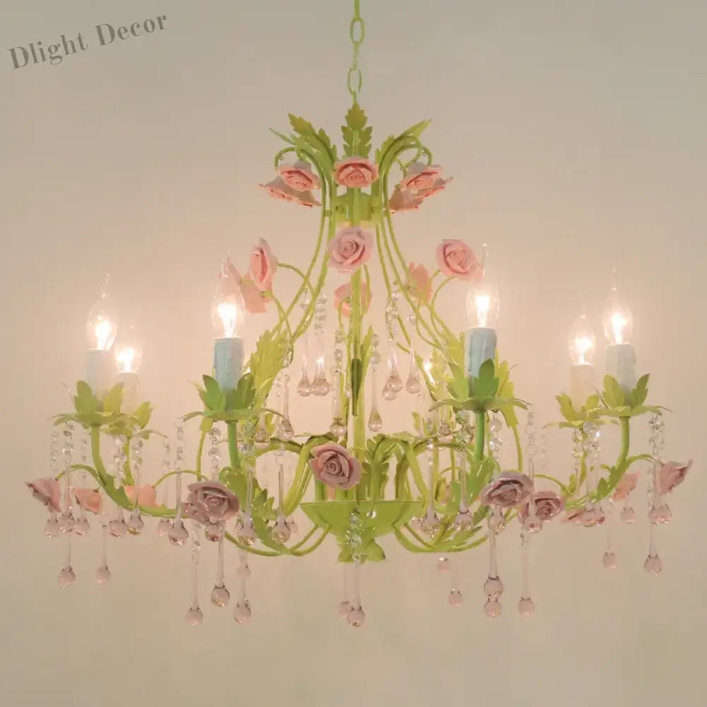 European Rose Flower Chandelier - Green Lustre Light In 6L/8L/12L Sizes E14 Decoration Fixture Pink