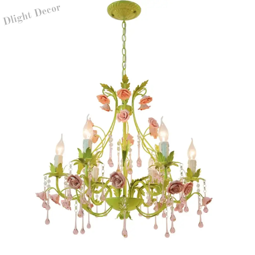 European Rose Flower Chandelier - Green Lustre Light In 6L/8L/12L Sizes E14 Decoration Fixture Pink