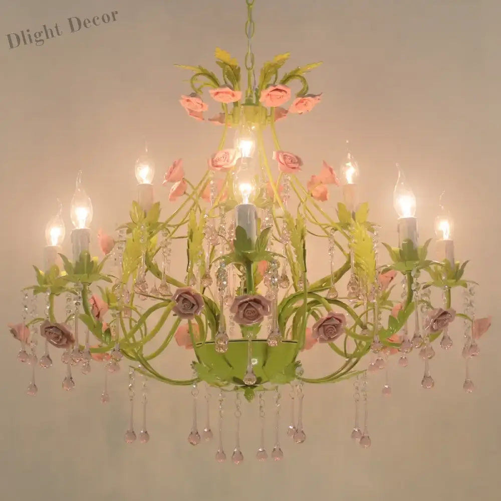 European Rose Flower Chandelier - Green Lustre Light In 6L/8L/12L Sizes E14 Decoration Fixture Pink